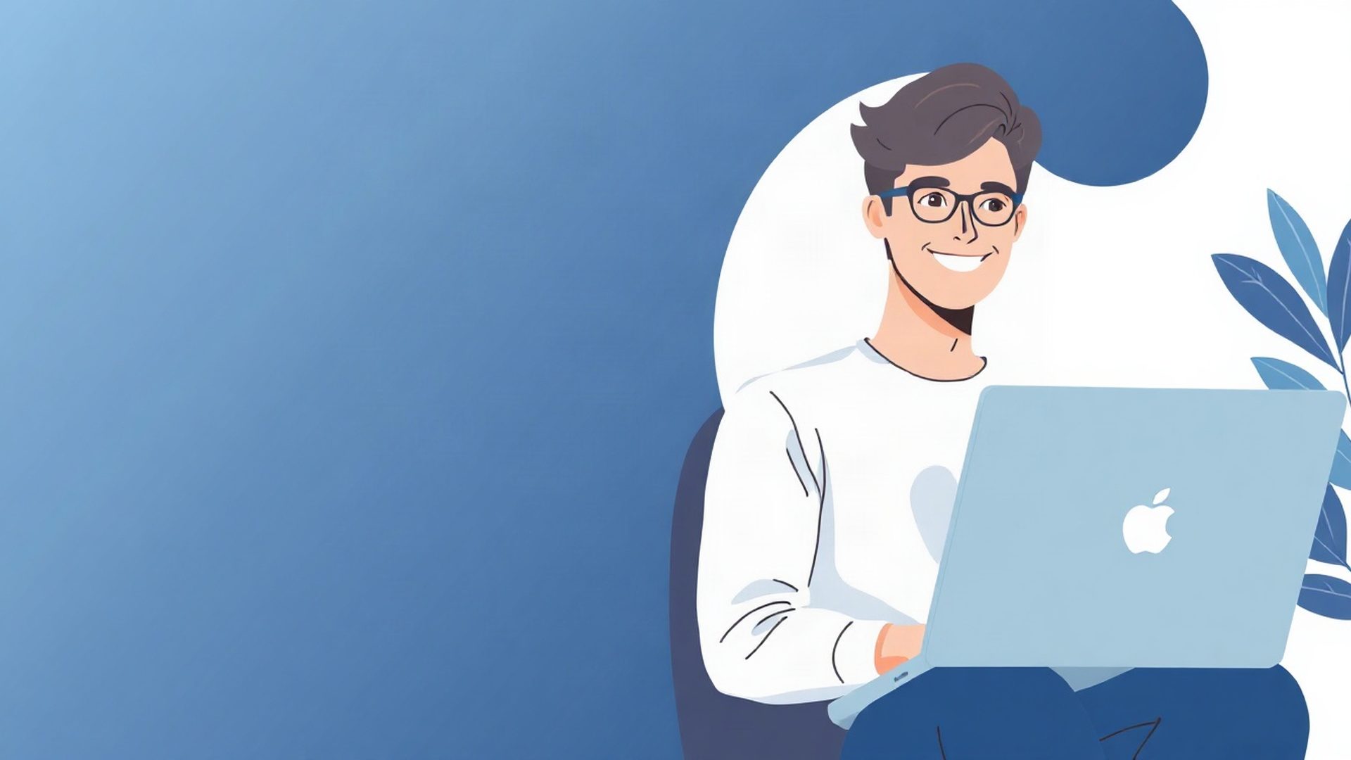 Ilustrace začátečníka u notebooku s ukázkami kódu v indigo tónech